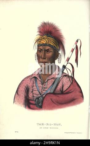 Teh-Ro-Hon, ein Ioway-Krieger. Die Ioway (Iowa) sind ein indianisches Siouan-Volk, das entweder in Kansas und Nebraska oder Oklahoma von Charles Bird King aus der Geschichte der Indianerstämme Nordamerikas lebt. 1837-1844, handkolorierte Lithographie auf Papier, herausgegeben von McKenney und Hall Stockfoto