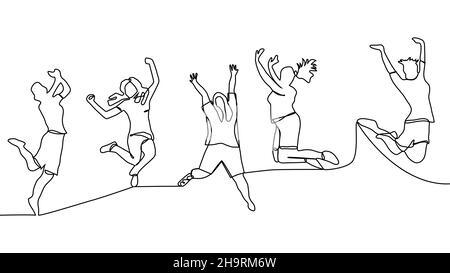 Kontinuierliche Linienzeichnung von springenden glücklichen Teammitgliedern Stock Vektor