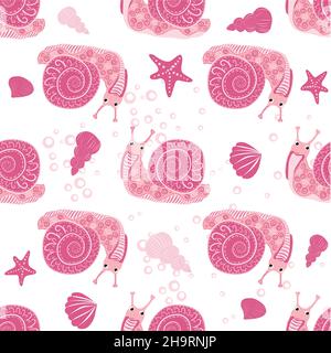 Schnecke rosa, Seebewohner nahtlose Muster, schöner Charakter zwischen Muscheln, Algen, Seesterne, Meerestiere der Tierwelt. Stock Vektor