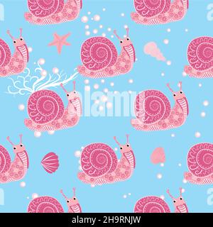 Schnecke rosa, Seebewohner nahtlose Muster, schöner Charakter zwischen Muscheln, Algen, Seesterne, Meerestiere der Tierwelt. Stock Vektor