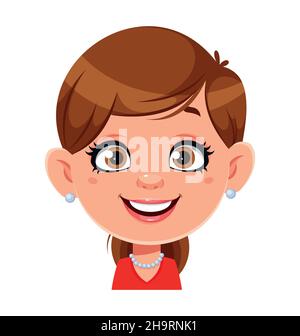 Gesichtsausdruck einer hübschen Frau, fröhlich. Weibliche Emotionen. Nette Dame Zeichentrickfigur. Vektorgrafik auf weißem Hintergrund Stock Vektor