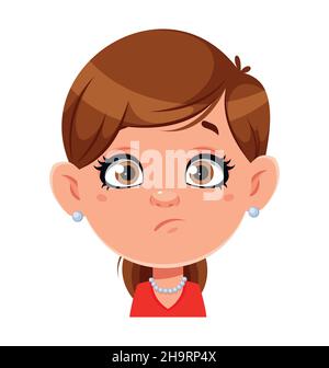 Gesichtsausdruck einer hübschen Frau, enttäuscht. Weibliche Emotionen. Nette Dame Zeichentrickfigur. Vektorgrafik auf weißem Hintergrund Stock Vektor