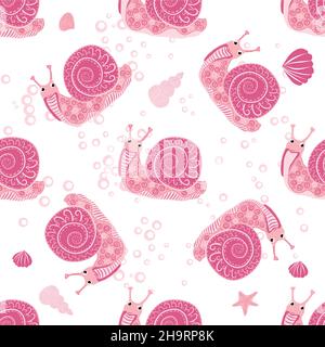 Schnecke rosa, Seebewohner nahtlose Muster, schöner Charakter zwischen Muscheln, Algen, Seesterne, Meerestiere der Tierwelt. Stock Vektor