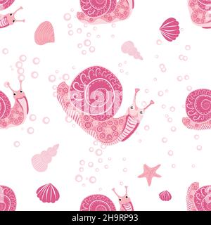 Schnecke rosa, Seebewohner nahtlose Muster, schöner Charakter zwischen Muscheln, Algen, Seesterne, Meerestiere der Tierwelt. Stock Vektor