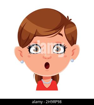 Gesichtsausdruck der hübschen Frau, überrascht. Weibliche Emotionen. Nette Dame Zeichentrickfigur. Vektorgrafik auf weißem Hintergrund Stock Vektor