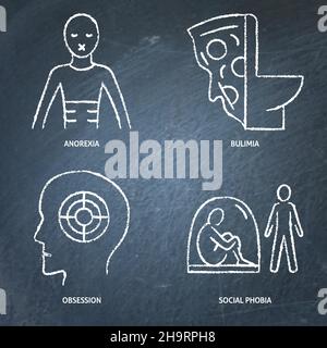 Symbol für psychische Störungen auf der Tafel in Linienform gesetzt. Soziale Phobie, Anorexie, Bulimie und Besessenssymbole. Vektorgrafik. Stock Vektor