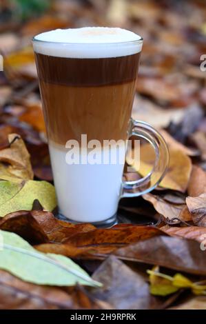 Herbstblätter und Lebkuchen Latte Kaffee Stockfoto