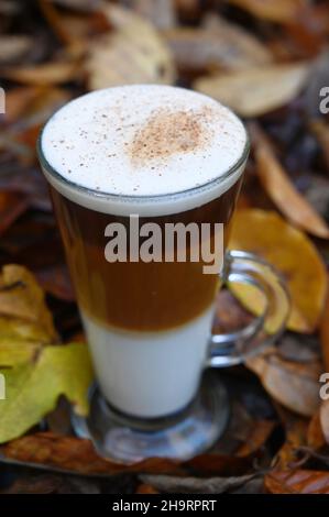 Herbstblätter und Lebkuchen Latte Kaffee Stockfoto