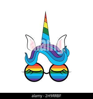 Illustration eines niedlichen Einhorn-Gesichts in Sonnenbrillen. Regenbogen, Herzen Stock Vektor