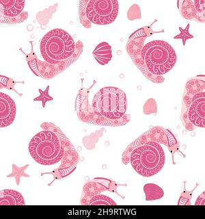 Schnecke rosa, Seebewohner nahtlose Muster, schöner Charakter zwischen Muscheln, Algen, Seesterne, Meerestiere der Tierwelt. Stock Vektor
