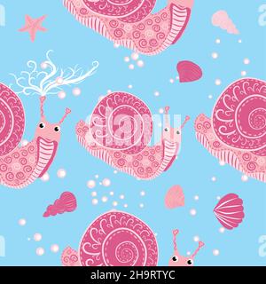 Schnecke rosa, Seebewohner nahtlose Muster, schöner Charakter zwischen Muscheln, Algen, Seesterne, Meerestiere der Tierwelt. Stock Vektor