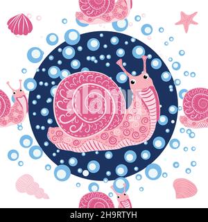 Schnecke rosa, Seebewohner nahtlose Muster, schöner Charakter zwischen Muscheln, Algen, Seesterne, Meerestiere der Tierwelt. Stock Vektor