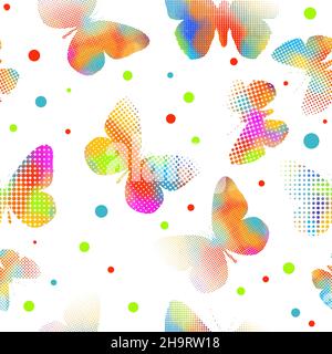 Bunte Schmetterlinge aus Punkten. Heller Hintergrund. Nahtlose Vektordarstellung Stock Vektor