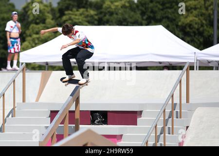 25th. JULI 2021 - TOKIO, JAPAN: HORIGOME Yuto aus Japan in Aktion während der Skateboarding Men's Street Vorbereitungen bei den Olympischen Spielen 2020 in Tokio (Foto Stockfoto