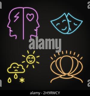Neon psychische Störungen Symbol in Linie Stil gesetzt. Borderline-Persönlichkeit, saisonale affektive, bipolare und dissoziative Identitätsstörung. Vektorgrafik Stock Vektor