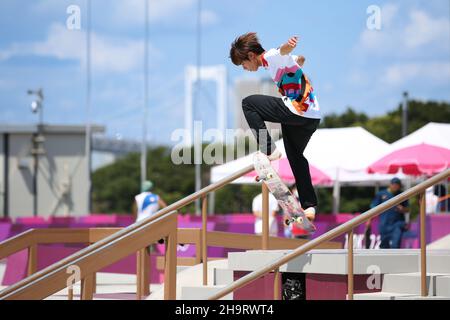 25th. JULI 2021 - TOKIO, JAPAN: HORIGOME Yuto aus Japan in Aktion während der Skateboarding Men's Street Vorbereitungen bei den Olympischen Spielen 2020 in Tokio (Foto Stockfoto