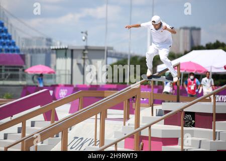 25th. JULI 2021 - TOKIO, JAPAN: SHIRAI Sora aus Japan in Aktion während der Skateboarding Men's Street Vorbereitungen bei den Olympischen Spielen 2020 in Tokio (Foto von Stockfoto