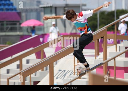 25th. JULI 2021 - TOKIO, JAPAN: HORIGOME Yuto aus Japan in Aktion während der Skateboarding Men's Street Vorbereitungen bei den Olympischen Spielen 2020 in Tokio (Foto Stockfoto