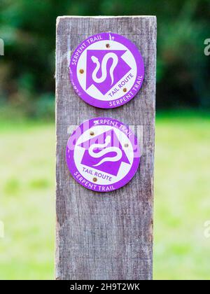 Serpent Trail Marker Disc on the Trail, Petersfield Heath, Hampshire, Großbritannien Stockfoto