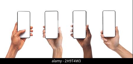 Verschiedene Menschen zeigen Smartphones mit leeren Bildschirmen, Nahaufnahme Stockfoto