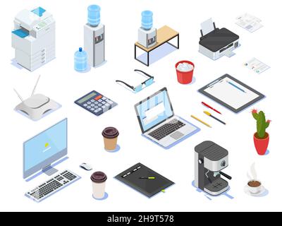 Schreibtisch, Laptop, Computer, Kopierdrucker, Kaffeemaschine, Wasserkühler. Stock Vektor