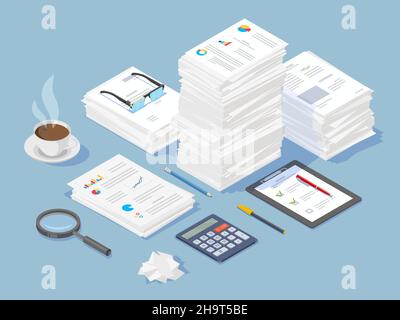 Großer Stapel komplexer Papierdokumente, Lupenrechner, Kaffeetasse, Schreibwaren. Stock Vektor
