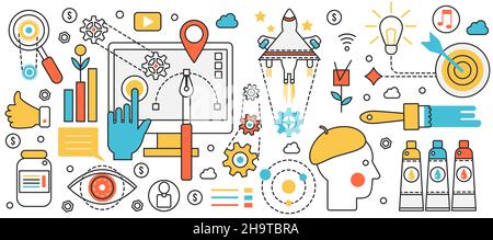 Web-App-Optimierung Business-Service. Website-Entwicklung, seo und digitales Marketing, Application responsive Schnittstelle und Software-Technologie in Infografik Konzept Banner, Thin Line Art Design Stock Vektor