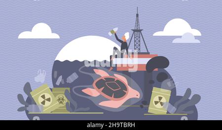 Meeresverschmutzung, Vektordarstellung globaler Umweltprobleme. Cartoon Schildkröte schwimmt in schmutzigem Wasser voller giftiger Industriemüll, Plastiktüten und Flaschen. Ökologie, Umweltkonzept Stock Vektor