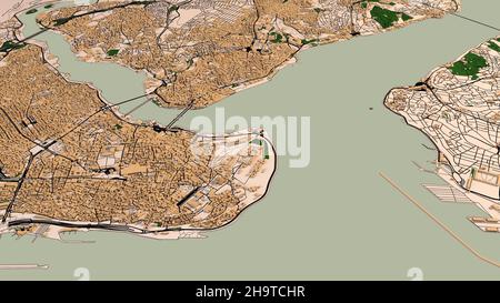 Satellitenansicht von Istanbul. Karten von Straßen und Gebäuden. 3D Rendern. Blick auf die Bosporus-Straße, Zentrum der Stadt. Türkei Stockfoto