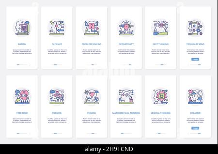 Mind Process in menschlichen abstrakten Kopf Vektor-Illustration. UX, UI Onboarding mobile App Seite Bildschirm mit Linie Problem Lösung der schnellen technischen mathematischen Logik Denken und Träumer Gefühle gesetzt Stock Vektor