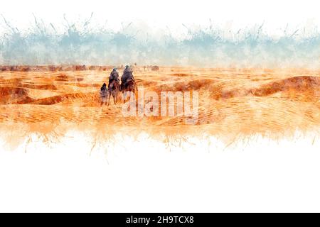 Aquarellzeichnung. Blick auf Touristen, die bei starkem Wind auf Kamelen in der Sahara reiten Stockfoto