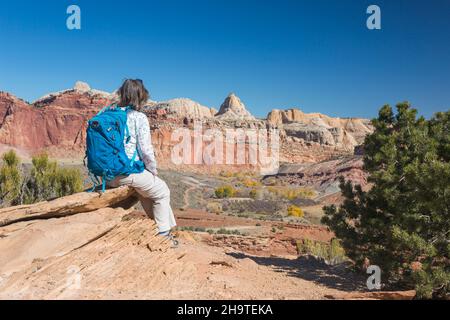 Fruita, Capitol Reef National Park, Utah, USA. Wanderer auf dem Fremont River Trail bewundern den Blick über das Dorf zu den Klippen des Waterpocket Fold. Stockfoto