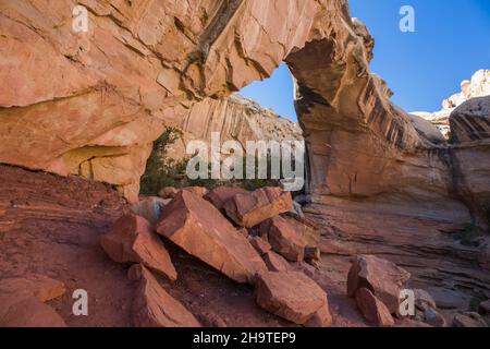 Fruita, Capitol Reef National Park, Utah, USA. Blick auf die Hickman Bridge vom Hickman Bridge Trail am Fuße des Waterpocket Fold. Stockfoto