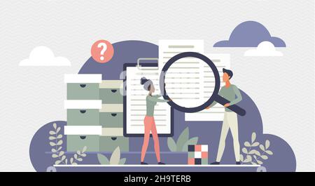Stellensuche von Geschäftsleuten Vektordarstellung. Cartoon Frau und Mann halten Lupe in den Händen, um eine erfolgreiche Wahl zu finden, Team von Mitarbeitern arbeiten. Konzept für Beschäftigung, Einstellung, Datenanalyse Stock Vektor