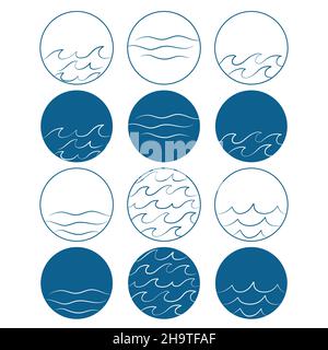 Set von verschiedenen einfachen minimalistischen Wellen in Kreis Linie und Farbe Wasser See Fluss Logo Vektor Illustration, Bundle Set Sammlung Paket Design isola Stock Vektor