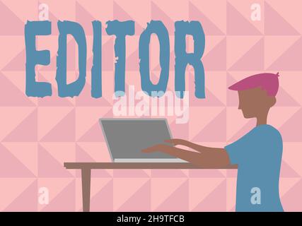 Text mit Inspiration Editor. Konzept bedeutet Person, die verantwortlich ist und bestimmt den endgültigen Inhalt eines Textes Geschäftsmann stehend mit Stockfoto