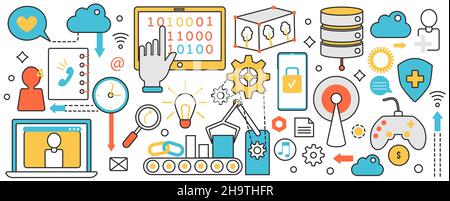 Automatisierung von Geschäftsprozessen mit Robotern, RPA-Technologie. Automatischer Betrieb der Maschine mit Förderband, Schutz des Softwaresystems in abstraktem Infografik-Konzept-Banner, Thin Line Art Design Stock Vektor