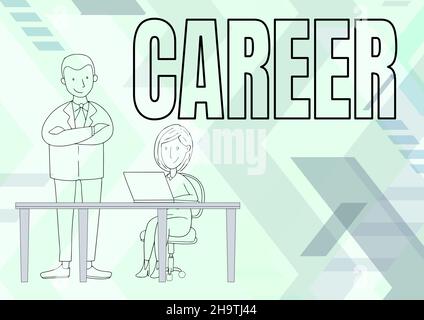 Schreiben Anzeige Text Karriere. Wort geschrieben auf unternommen für Zeitraum Personen Leben mit Chancen für den Fortschritt. Mann Steht Mit Gekreuzten Armen Und Beobachtet Stockfoto