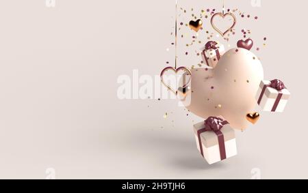 Valentinstag. Hintergrund mit realistischer festlicher Geschenkbox. Romantisches Geschenk. 3d-Rendering Stockfoto