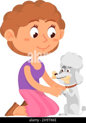 Junge spielt mit Hund. Niedlicher Pudel und Kind im Cartoon-Stil. Vektorgrafik Stock Vektor