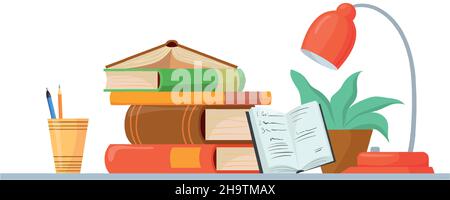 Stapeln Sie die Bücher auf den Tisch. Cartoon Stapel Lehrbücher, stapelt Buch mit Lampe und Blume, Vektor isoliert auf weißem Hintergrund Stock Vektor