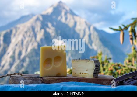 Käsesammlung, French Tomme und emmental de savoie Gratin serviert im Freien mit Berggipfeln im Sommer im Hintergrund Stockfoto