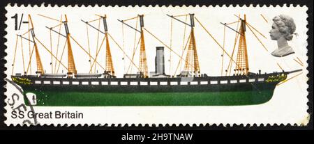 GROSSBRITANNIEN – UM 1969: Eine in Großbritannien gedruckte Briefmarke zeigt S.S. Großbritannien, British Ship, um 1969 Stockfoto