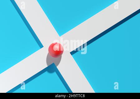 Rote Kugel auf Kreuzung von zwei weißen Straßen über cyanfarbenem Hintergrund, Wegfindung, Entscheidungsfindung Minimal Modern Concept, 3D Illustration Stockfoto