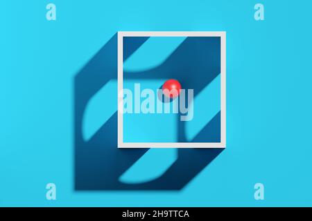 Rote Kugel in weißem Kasten mit verschiedenen Ausgängen über cyanfarbenem Hintergrund, Wegfindung, Entscheidungsfindung Minimal Modern Concept, 3D Illustration Stockfoto