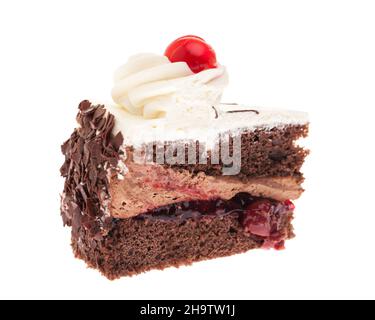 Kuchen, Stück, Creme, Schokolade, Stück Kuchen, Stück Kuchen, Schokoladenkuchen, Sahnetorte, Kirschen, Kirschkuchen, Kuchen, weiß, echt, frisch, stehend, o Stockfoto