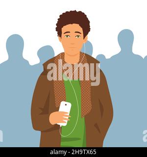 Junger Stadtmensch Teenager hört Musik mit Kopfhörern. In den Händen eines Smartphones. Steht unter der Menschenmenge. Vektorgrafik Cartoon-Illustration Stock Vektor