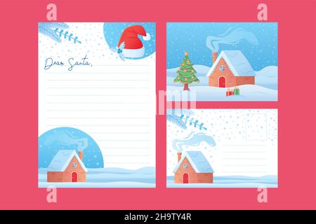Weihnachten lieber weihnachtsmann Kinder Briefvorlage Wunschliste leer und Postkarte Vorlage in Cartoon-Stil Stock Vektor
