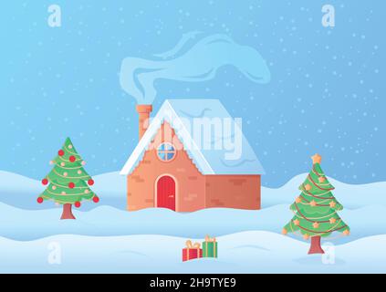 Weihnachtslandschaft Gemütliches Haus im Schnee mit geräuchertem Kamin im Cartoon-Stil Stock Vektor