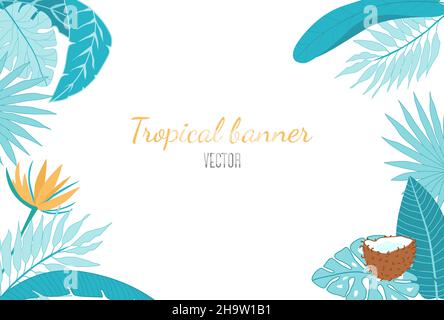 Vektor-Tropenbanner. Handgezeichnete Palmblätter und tropische Blumen und Kokosnuss. Blumenrahmen für Text Stock Vektor